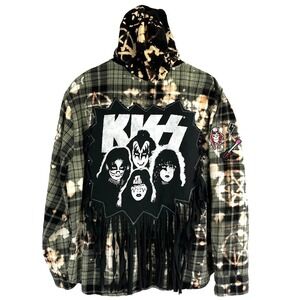UPCYCLED Flannel Shirt Mens 2X KISS Band Tee Patch Goth Rockabilly Hoodie Punk